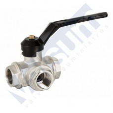 VALVULA DE BOLA TRES VIAS, LATON, ROSCADA